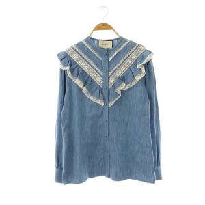 フリルレース デニムライクシャツ 38 ブルー ホワイト