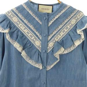 GUCCI フリルレース デニムライクシャツ 38 ブルー ホワイト