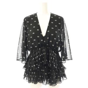 Pleated Georgette V-neck ロゴブラウス フリル ティアード 七分袖 34 ブラック