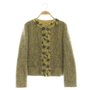 フラワー刺繍ツイードノーカラージャケット 40 黄 イエロー 黒 ブラック /AT OS