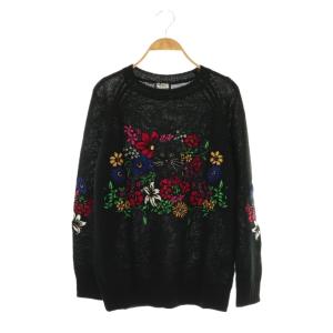 FLOWER CAT刺繍 プルオーバー ニット セーター 長袖 F 黒 ブラック /AT OS SH