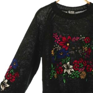 HYSTERIC GLAMOUR FLOWER CAT刺繍 プルオーバー ニット セーター 長袖 F 黒 ブラック /AT OS SH