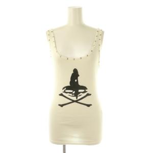 スタッズ装飾 スカルプリント タンクトップ Uネック F 白 ホワイト /AT OS