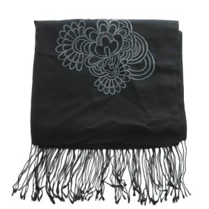 VIVIENNE TAM フリンジストール マフラー フラワー刺繍 シルク カシミヤ 黒 ブラック /SS OS