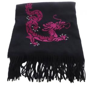 VIVIENNE TAM ストール マフラー 大判 ドラゴン刺繍 ウール カシミヤ混 フリンジ ブラック /YO28