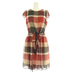 フリル袖 チェック ワンピース ミニ 半袖 シフォン 38 レッド /MY OS