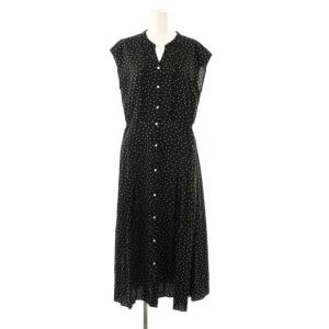 ドット 花柄 サイドプリーツ フレンチスリーブ ワンピース マキシ ロング M 黒 ブラック /AT OS