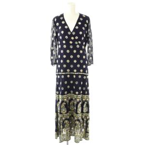 エスニック刺繍 ワンピース マキシ ロング 七分袖 36 紺 ネイビー /AT OS