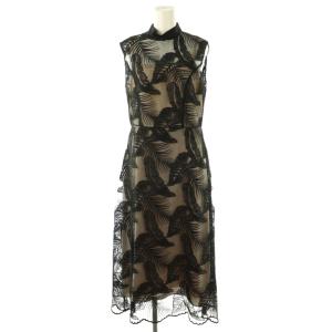 リーフレースハイネックドレス ワンピース ロング 38 ブラック ベージュ /DF OS