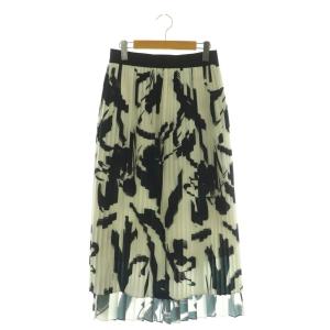 ブラッシュプリントスカート プリーツ マキシ ロング 38 白 ホワイト 黒 ブラック /AT OS