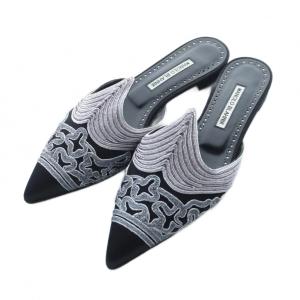 AVA サンダル ミュール ポインテッドトゥ ローヒール 刺繍 38 25cm 黒 ブラック /RI OS