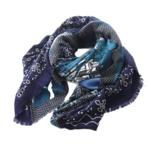 ストール 総柄 ウール シルク混 フリンジ グリーン ネイビー /YO14