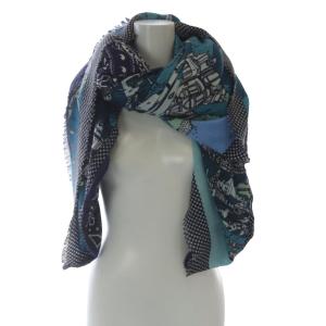 manipuri ストール 総柄 ウール シルク混 フリンジ グリーン ネイビー /YO14