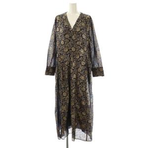 23SS コットンボイル ホイル フラワープリント パネル ドレス ワンピース ロング M ネイビー ゴールド色