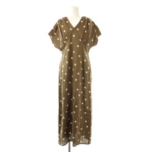 23SS ウエストタックフレンチスリーブワンピース マキシ ロング ドット 38 茶 ブラウン /AT