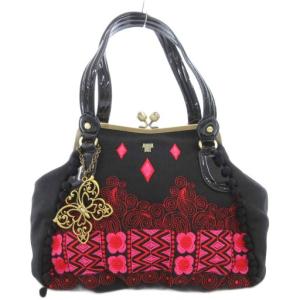 がま口 ハンドバッグ 肩掛け 黒 ブラック ピンク 刺繍 /GV