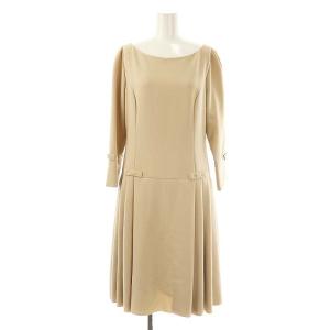 ベーシック basic リボン サイドプリーツワンピース ひざ丈 38 ベージュ /DF OS