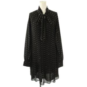 ドット 長袖 ワンピース 総柄 プリーツ 膝丈 2 ブラック /HK OS