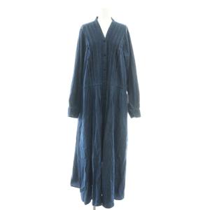 デニムピンタックワンピース マキシ ロング 長袖 紺 ネイビー /AT OS