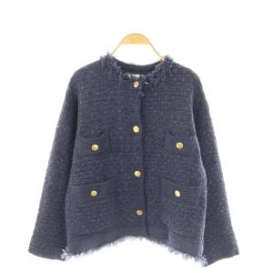 ツイードニットジャケット ノーカラージャケット ネイビー /DF OS