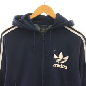 adidas フードトラックジャケット ジャージ パーカー ロゴ スリーライン S 紺 ネイビー /AT OS