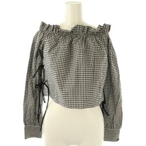 ギンガムチェックオフショルダーブラウス 長袖 36 ブラック ホワイト /HK OS