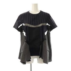 ストライプ再構築ドローコードブラウス チェック 1 ネイビー グレー /DF OS