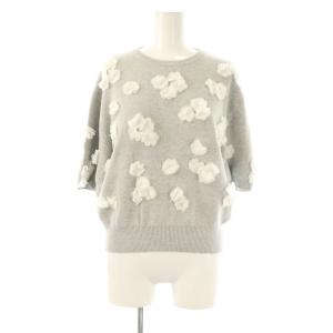 3D フラワーモチーフ ショートスリーブ ニット セーター 半袖 グレー 白 /NR OS