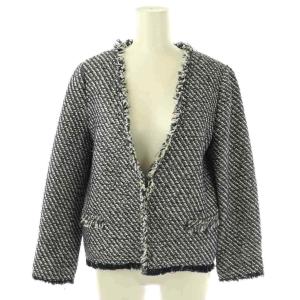 フリンジツイードノーカラージャケット 38 ネイビー ホワイト ブラック /ES OS