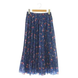 サテンボタニカル柄ロングスカート プリーツ 36 ネイビー マルチカラー /DF OS
