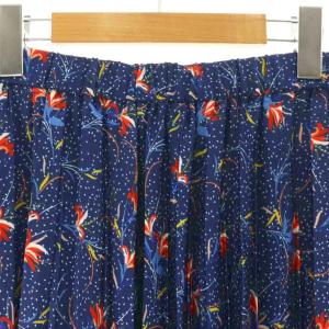 ANAYI サテンボタニカル柄ロングスカート プリーツ 36 ネイビー マルチカラー /DF OS