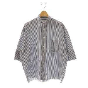 スクエア半袖ダブルカフスシャツ F ネイビー ホワイト /DF OS