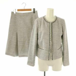 セットアップ ツイード ノーカラージャケット スカート 膝丈 36 ホワイト ブラック /HK OS