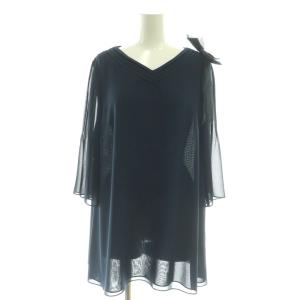 リボン付き 七分袖 チュニックブラウス シフォン 11 ネイビー /DF OS