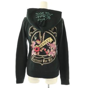 Ed Hardy バックプリントフードジップパーカー 裏起毛 S 黒 ブラック /AT OS