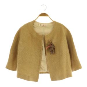 ブローチ付き リネン ノーカラージャケット 七分袖 ショート丈 ツイード イタリア製 42 キャメル /MY