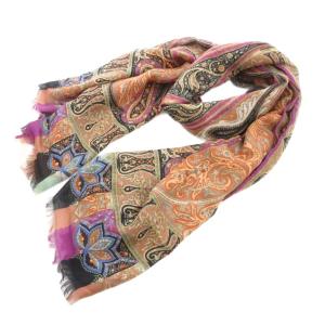 タグ付き ストール ペイズリー柄 総柄 ウール 絹 シルク 紫 パープル オレンジ /JS