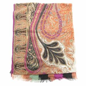 ETRO タグ付き ストール ペイズリー柄 総柄 ウール 絹 シルク 紫 パープル オレンジ /JS