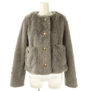 24AW 金ボタンクロップドファージャケット ノーカラー アウター 0 グレー /NR OS SH