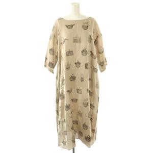 25SS かご柄前後ワンピース ロング 七分袖 リネン F ベージュ /NR OS