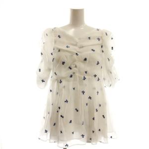 25SS 小花刺繍ペプラムブラウス Vネック プルオーバー シアー 36 白 青 /CX OS