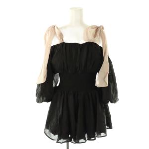 24SS ウエストシャーリングリボンブラウス 五分袖 F 黒 ブラック /AT OS