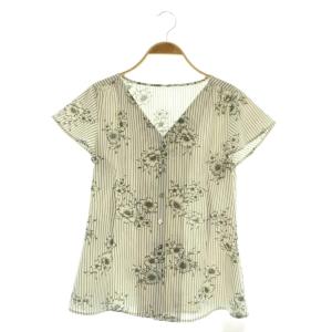25SS ストライプフラワー 前ボタンVネックブラウス 半袖 F 生成 /MY OS