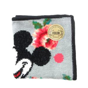 FEILER ×ディズニー Disney タグ付き ミッキーマウス ハンカチ ハンドバッグ バラ柄 グレー 黒 ブラック