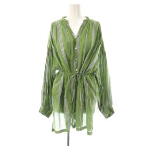 コットンボイルストライプギャザーブラウス チュニック丈 スモークグリーン グレー ホワイト /ES OS