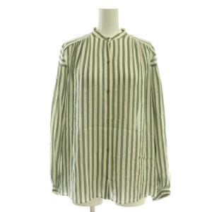トラックストライプ スタンドカラーブラウス 長袖 36 アイボリー 緑 グリーン /AT OS
