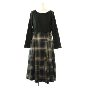 チェックドッキングワンピース ミモレ ロング 長袖 3 黒 ブラック 紺 ネイビー /AT OS