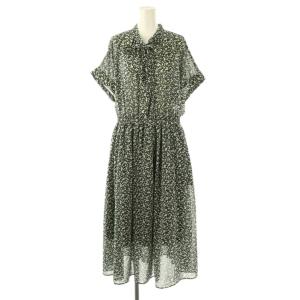 リトルフラワー ボウタイ ワンピース ミモレ ロング フレンチスリーブ 3 黒 ブラック 緑 グリーン