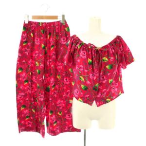 vintage エルカ期 フラワートップス×パンツ セットアップ カットソー イージー 花柄 M 赤 マルチカラー