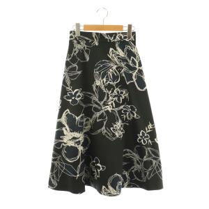 スケッチフラワージャガードフレアスカート 34 黒 紺 白 /CX OS